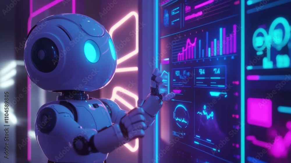 Poster cute robot interacting with futuristic data visualization display