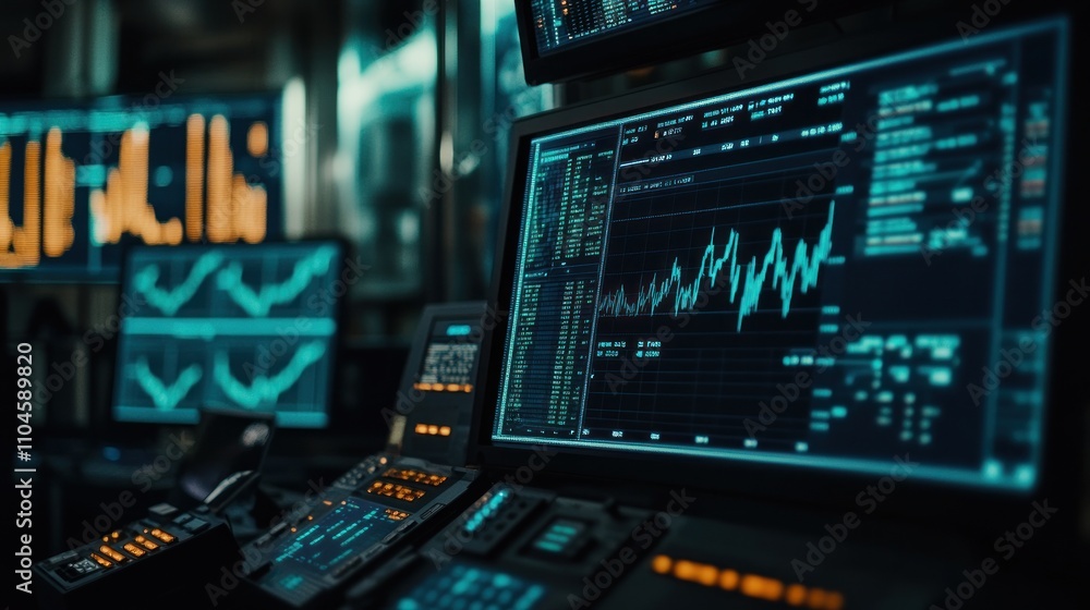 Poster control room with monitors displaying data and graphs for analysis.
