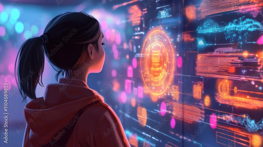 Poster young woman analyzing data visualizations on digital display screen