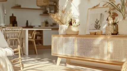 Obraz premium Cozy Living Room with Stylish Rattan Furniture and Natural Decor