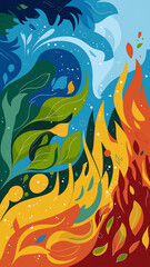 Colorful abstract illustration representing water in blue tones and flames in warm hues, symbolizing nature's elements.