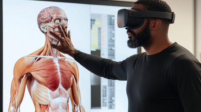 A man uses a VR headset to interact with a detailed 3D model of the human muscular system displayed on a large screen. He appears to be studying anatomy using immersive technology