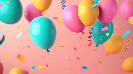 Bold and glossy 3D balloons in vibrant hues hover gracefully, with metallic ribbons and colorful confetti creating a playful yet clean and modern party atmosphere.