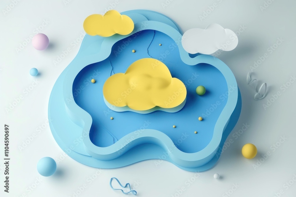 Poster colorful abstract composition featuring soft shapes of clouds and spheres in pastel tones, creating 