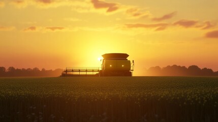Fototapeta premium A modern combine harvester collecting canola crops during sunset