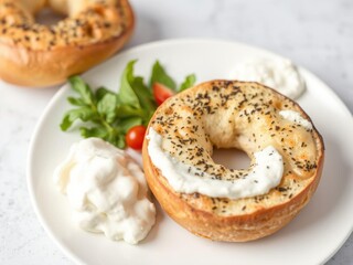 A toasted everything bagel topped with cream cheese on a white plate, , bagel toppings