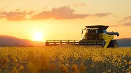 A modern combine harvester collecting canola crops during sunset - obrazy, fototapety, plakaty