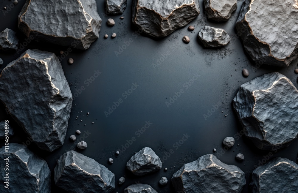Poster dark gray, brown rocks form frame around dark background. rocky texture pattern background. design e