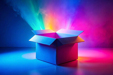 Open cardboard box glowing with vibrant rainbow light and smoke.