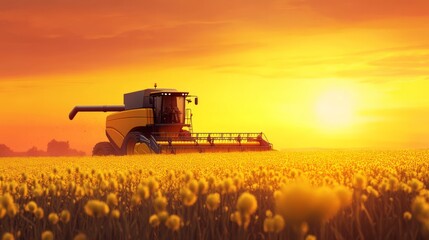 A modern combine harvester collecting canola crops during sunset