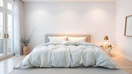Neatly rolled white duvet on a crisp bed with soft lighting, design, lighting