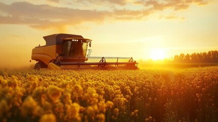 Fototapeta premium A modern combine harvester collecting canola crops during sunset