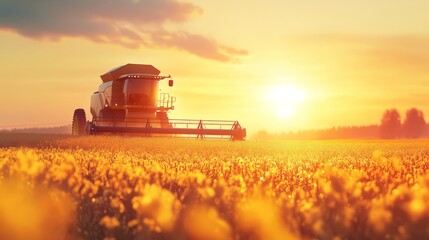 Fototapeta premium A modern combine harvester collecting canola crops during sunset