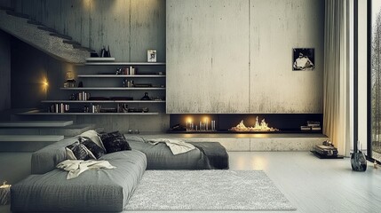 Modern Living Room with Minimalist Design and Cozy Fireplace
