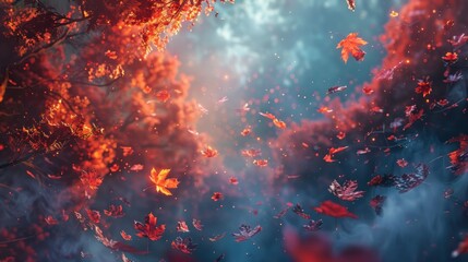 Fototapeta premium Falling autumn leaves in magical forest.