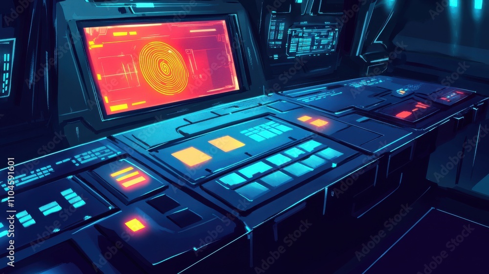 Poster futuristic control room with high-tech interface and bright displays