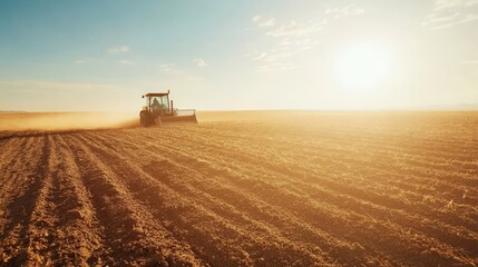 Fototapeta premium A modern cultivator breaking up soil in a dry field on a sunny afternoon