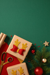 Christmas flat lay composition with gift boxes featuring golden reindeer designs, scissors, wrapping paper, and decorations on a green background