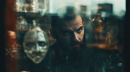 A man with a beard stares intently through a glass window, his expression unreadable.