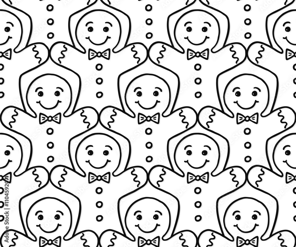 Poster rows of sweet cookies gingerbread men with smily faces icing and buttons black and white linear vector food  seamless pattern isolated on white background