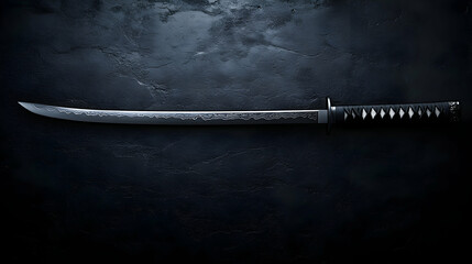 Elegant Katana Sword on Dark Background, A Sleek,  Ornate Blade Resting on a Textured Surface,  Exuding a Sense of Mystery and Ancient History.