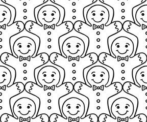 rows of sweet cookies gingerbread men with smily faces icing and buttons black and white linear vector food  seamless pattern isolated on white background
