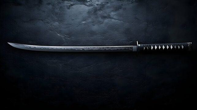 Elegant Katana Sword on Dark Background, A Sleek,  Ornate Blade Resting on a Textured Surface,  Exuding a Sense of Mystery and Ancient History.