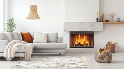 Cozy Living Room with Modern Fireplace and Stylish Decor Elements