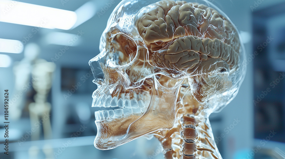 Poster a transparent skull model showcases the intricate human brain and skeletal structure. its positioned
