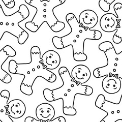 sweet cookies gingerbread men with smily faces icing and buttons messy black and white linear vector food  seamless pattern isolated on white background