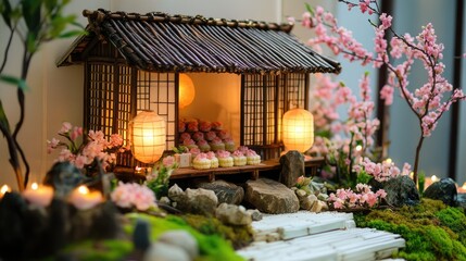 Fototapeta premium Traditional Japanese Tea House Surrounded by Cherry Blossoms Display
