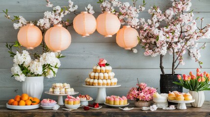 Fototapeta premium Beautiful Spring Dessert Table with Floral Decor and Lanterns