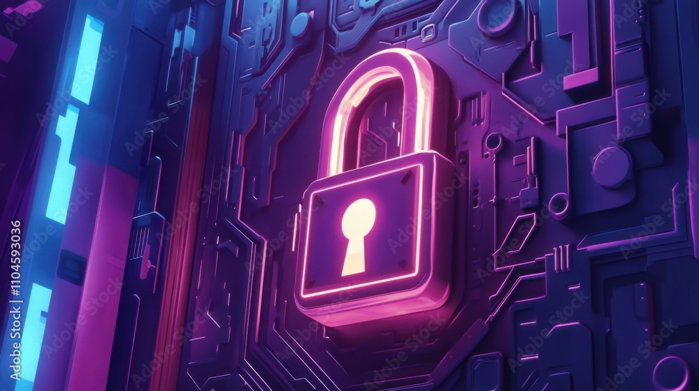 Poster digital lock symbol on futuristic circuit background in neon colors