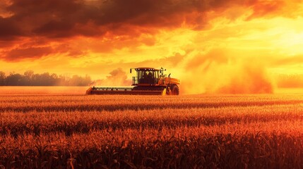 Obraz premium A modern harvester cutting through a field of corn during harvest season