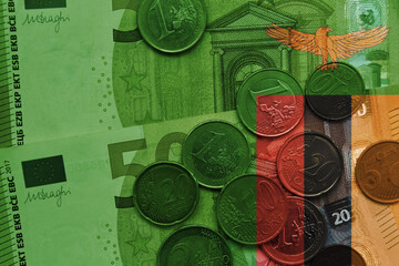colourful national flag of zambia on a euro money banknotes and coins background. finance concept.