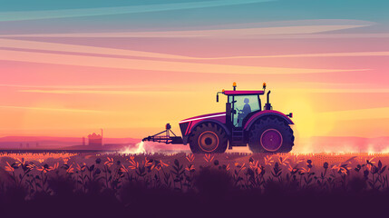 Obraz premium Sunset Tractor Scene: A vibrant illustration of a farmer working his field at sunset. The image evokes feelings of tranquility, hard work, and the beauty of nature.