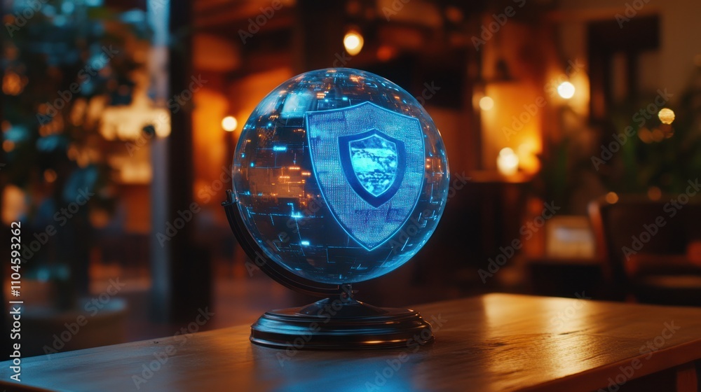Poster a holographic globe with a shield, symbolizing cybersecurity in a modern setting.
