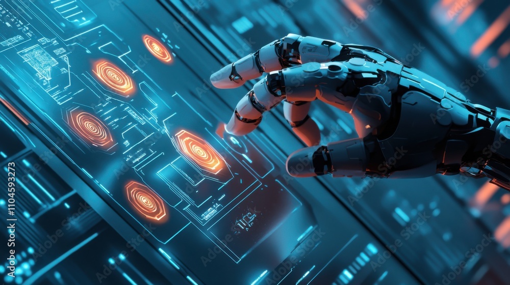 Poster robotic hand touching digital interface with glowing elements