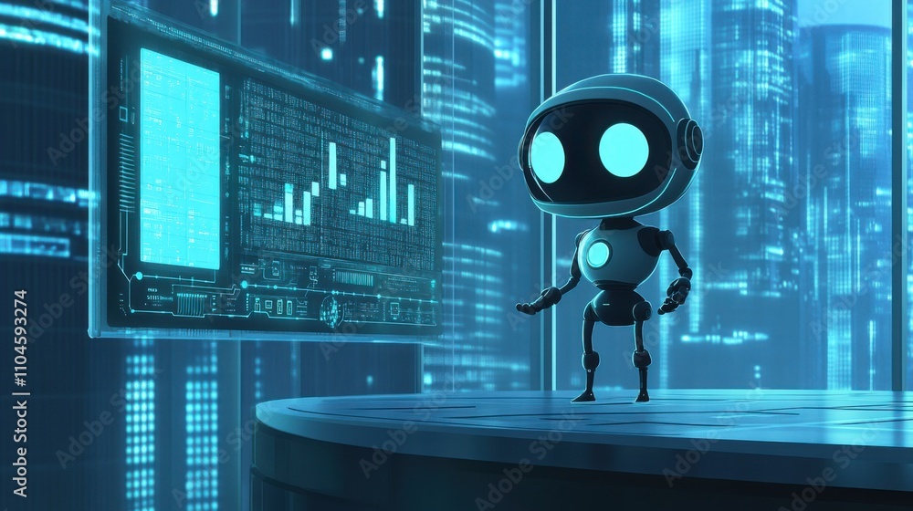 Poster cute robot in futuristic setting analyzing data visualizations