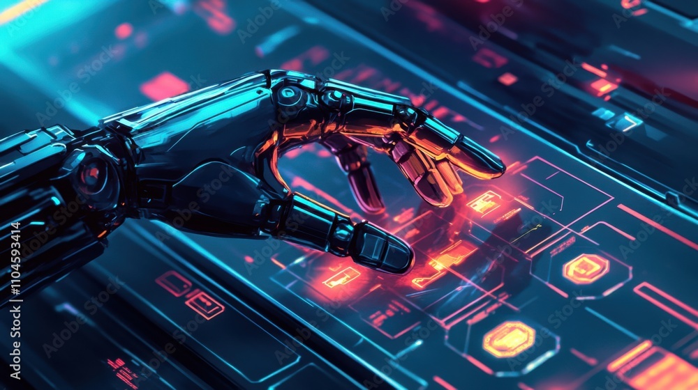 Poster futuristic robot hand interacting with high-tech digital interface