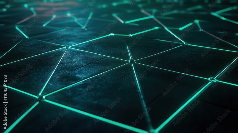 Poster abstract representation of interconnected lines and nodes on a dark surface with glowing edges.