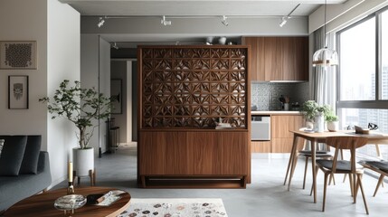 Modern Minimalist Apartment Interior with Wooden Decor Elements