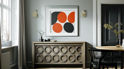 Modern Interior with Abstract Art and Stylish Wooden Furniture