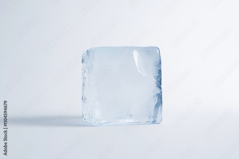 Poster a square block of ice is sitting on a white background
