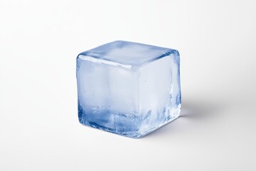 A blue ice cube is sitting on a white background