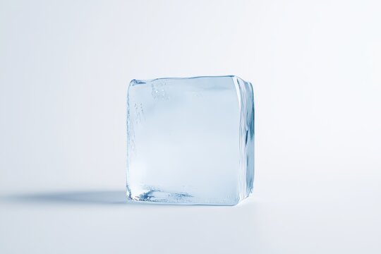 A cube of ice is sitting on a white background