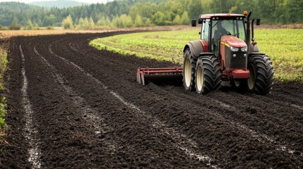 Fototapeta premium A plow attached to a modern tractor, cutting deep furrows into rich black soil