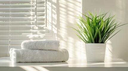 Tidy white table with fresh towels and green plant under bright light.