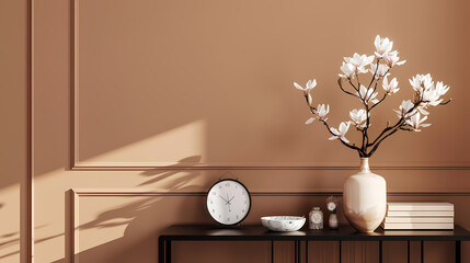 Magnolia Bloom Minimalist Interior Design: A serene and elegant still life featuring a magnolia branch in a white vase on a black console table, bathed in warm sunlight against a soft brown wall.