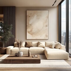 Contemporary Minimalist Living Room with Beige Sectional Sofa and Wooden Coffee Table